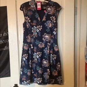 Vince Camuto Navy and Orange Patterned Dress